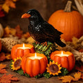 Halloween Raven Candle Holder with 3 Pumpkin Tealight Holders - Crow Candle Decor