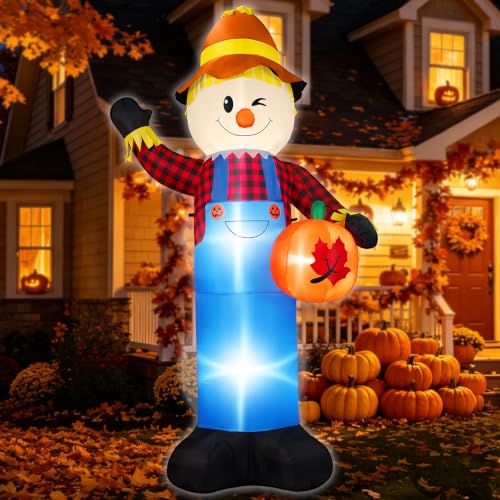 8FT Fall Inflatable Scarecrow Yard Decoration with Pumpkin & LED Lights - Greeting Style