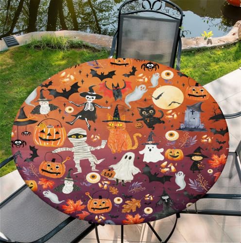 Hallowmas Round Waterproof Tablecloth with Elastic Edge - 52 Inch Fits 36-60 Inch Tables