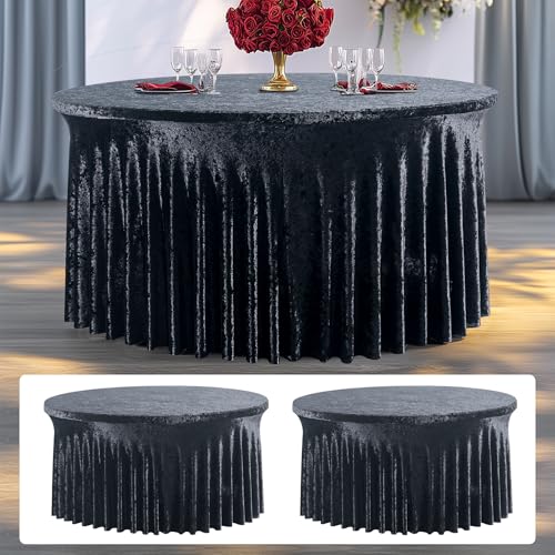 Black Velvet Round Tablecloth 60 Inch - 2 Pack Fitted Spandex Cover for Wedding & Party