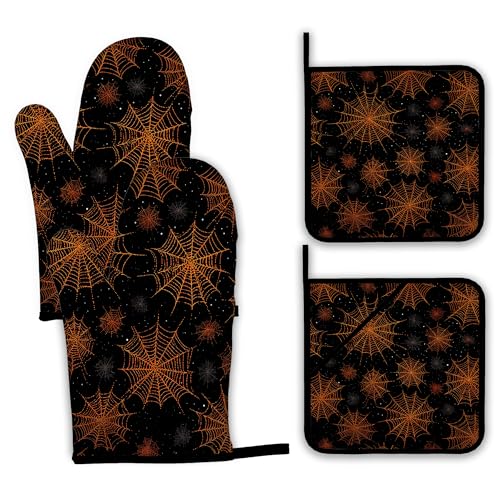 Halloween Spider Web Oven Mitts and Pot Holders Set - Heat Resistant Kitchen Decor, 4 Piece Halloween Kitchen Accessories