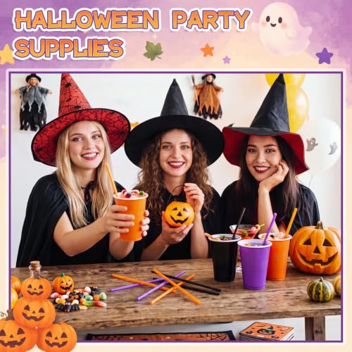 Halloween Disposable Plastic Cups with Straws - 120 Pcs Orange Black Purple