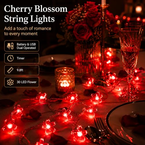 10ft Red Cherry Blossom Flower Fairy Lights String USB & Battery Operated
