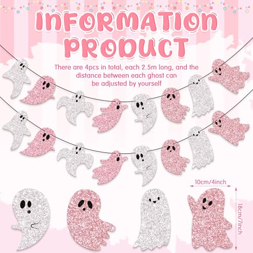 Pink Halloween Ghost Garland Banner - 8.2 ft, Glitter, 4 Pieces, Variation 4
