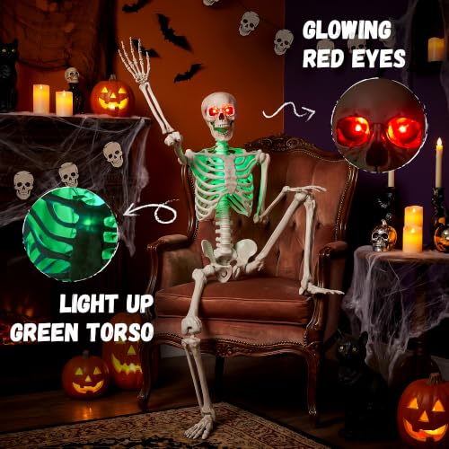Full Body Skeleton Halloween Decoration - Life Size Posable Skeleton with Light-Up Eyes & Body, 5.2 ft