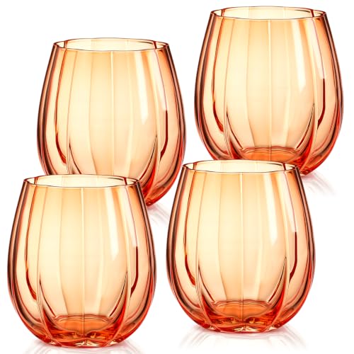 Pumpkin Wine Glasses Set of 4 - 20oz Stemless Fall Drinkware, Orange, Halloween Decor