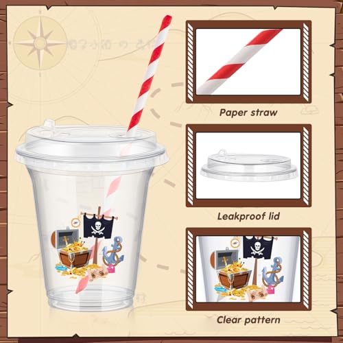Pirate Party Cups Set with Lids and Straws - 36 Count, 14 oz, Pirate Variation