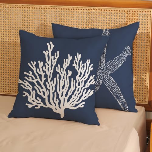 Navy Blue Starfish Coral Linen Pillow Covers 24x24 Inch Set of 2 - Coastal Nautical Decor