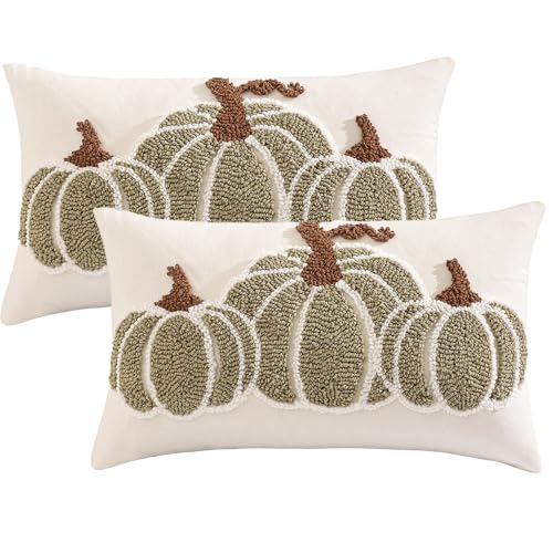 Halloween Fall Pillow Covers 12x20 Green Pumpkin Set of 2 - Autumn Decor
