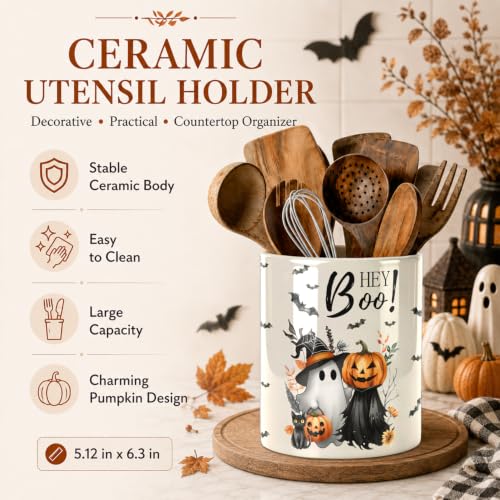 Halloween Cute Ghost Kitchen Utensil Holder - Large Ceramic Countertop Organizer