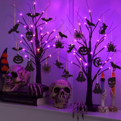 Black Halloween Tree with Lights - Indoor 24 Inch Decor with Ornaments & USB or Battery Power