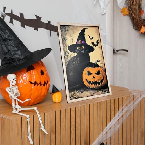 Halloween Wall Art Black Cat Pumpkin Wall Decor - Framed Canvas for Indoor Spooky Decor