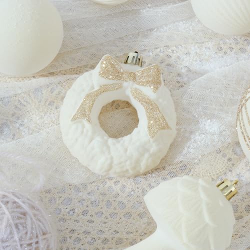 White Velvet Christmas Ornaments Set - 38 Shatterproof Holiday Baubles for Tree & Decorations
