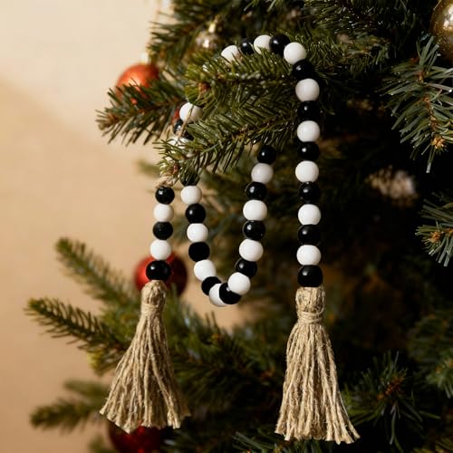 Halloween Wooden Bead Garland - Black & White Rustic Xmas Decor, 39 Inch