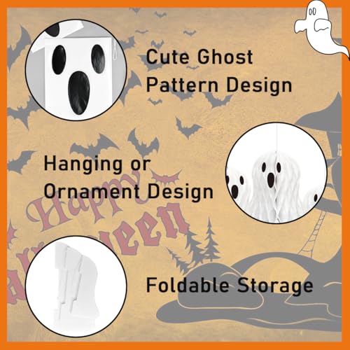 Halloween Ghost Honeycomb Hanging Decorations - 6 Pcs, 25cm, White, Spooky Party Decor