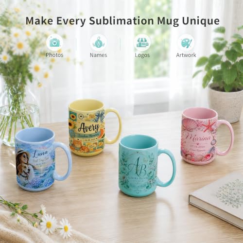 8 Pack 15 OZ Pastel Sublimation Coffee Mugs Set - Macaron Colors, Customizable Ceramic Cups