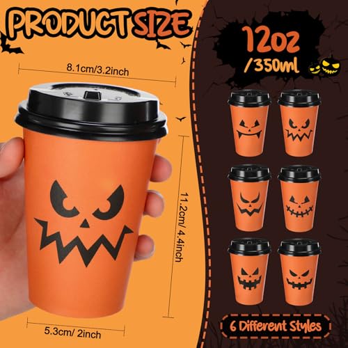 120 Pcs 12oz Halloween Pumpkin & Jack O Lantern Coffee Cups with Lids - Disposable Party Tableware