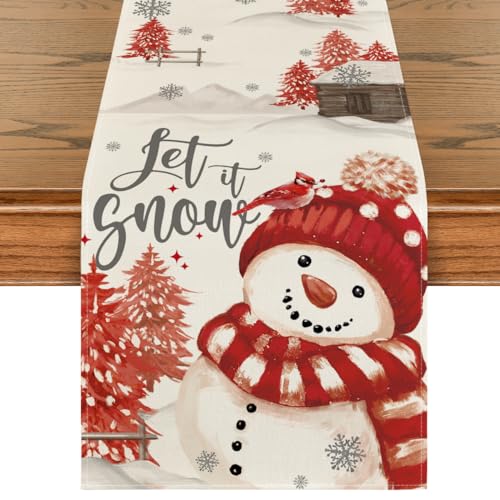 Red Snowman Xmas Table Runner 13x36 Inch Home Party Decor - Artoid Mode Variation