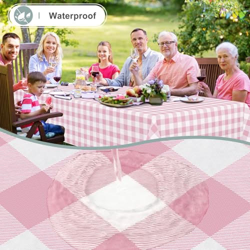Pink and White Waterproof Vinyl Tablecloth - 102 x 60 Inches, Flannel Backed, Rectangular