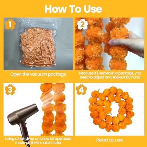 Orange Marigold Garland Set - 10 Pieces, 5 Feet Artificial Indian Decoration