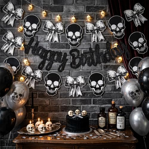 Gothic Birthday Banner Black Skull and Bow Spooky Party Decor
