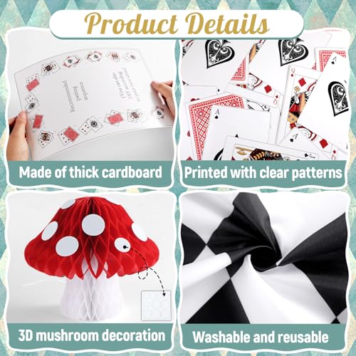 Wonderland Tea Party Decoration Set with Poker Cards, Checkered Runner & Mushrooms
