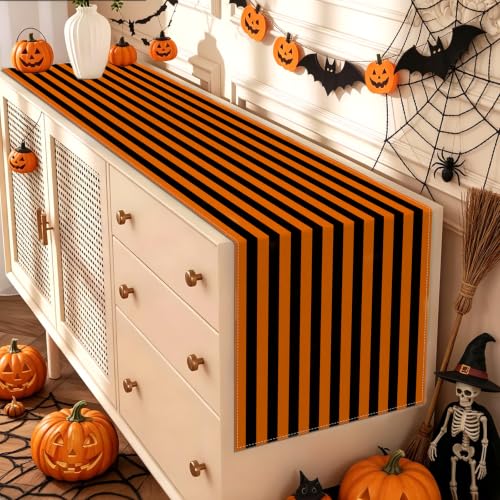 Halloween Orange Black Striped Table Runner - 13 x 72 Inches, Fall Carnival Decor