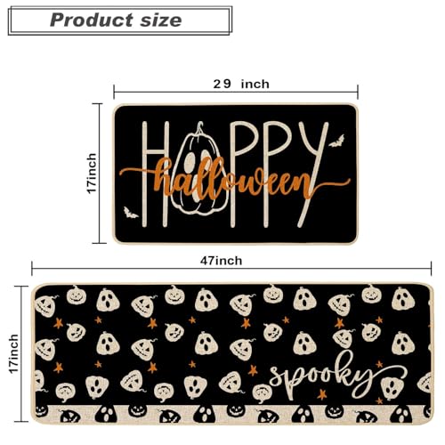 Halloween Pumpkin Kitchen Rugs Set of 2 - Spooky Pumpkins, 17x29 & 17x47 Inches