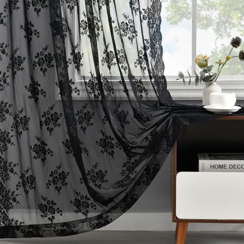Black Lace Curtains 52x102 Inches - 2 Panels, Gothic Floral Sheer Window Treatment - Variation of THIS listing: Black / 52"W x 102"L
