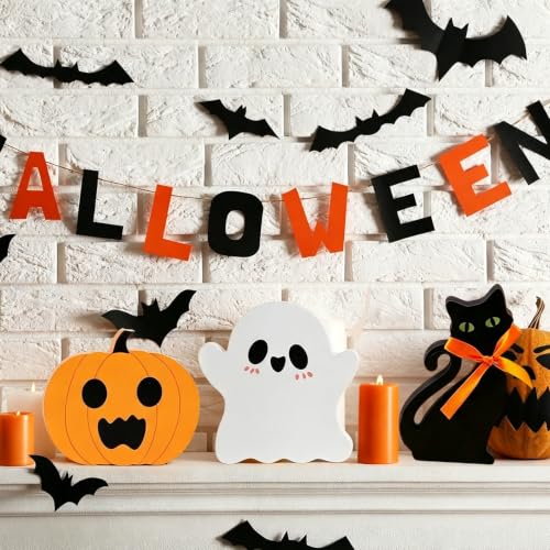 3-Piece Indoor Halloween Tabletop Decor Set - Cute Ghost, Pumpkin & Black Cat Signs