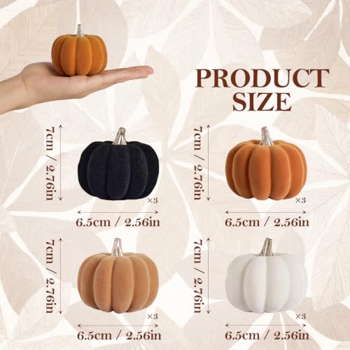 Mini Fall Pumpkin Decor Set of 12 - Velvet Pumpkins in Orange, Black, Khaki & White with Silver Stems