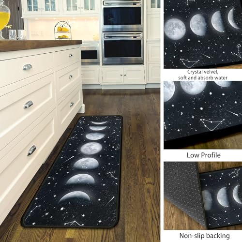 Moon Phase Kitchen Rugs Set 2 Pieces Black Non-Skid Mat & Runner - Variation Moon-2