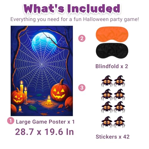 Halloween Party Game - Pin The Spider on The Web Poster & Stickers Set