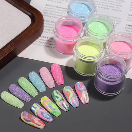 6 Colors Glow in The Dark Nail Powder Set with Glitter & Brush - Sugar Effect