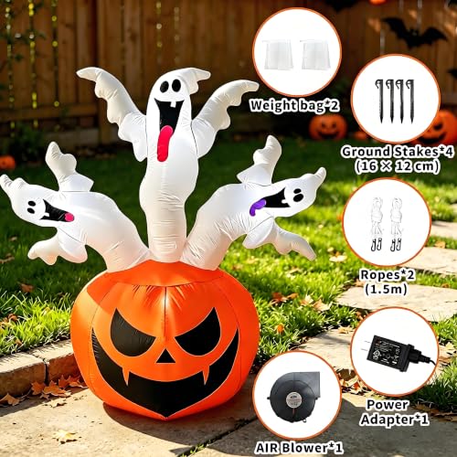 6FT Halloween Inflatable Pumpkin & Ghosts Yard Decor with LED Lights - Multi-Color