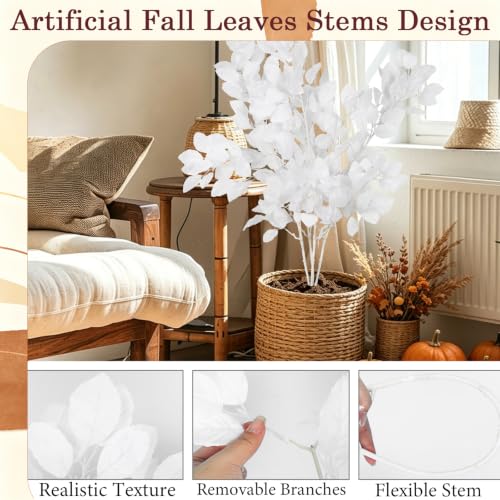 Artificial Fall Leaves Stems 4Pcs White Beech Branches for Decor