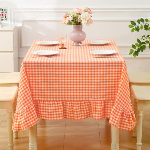 Orange White Gingham Ruffle Square Tablecloth 60x60 Inches - Cotton