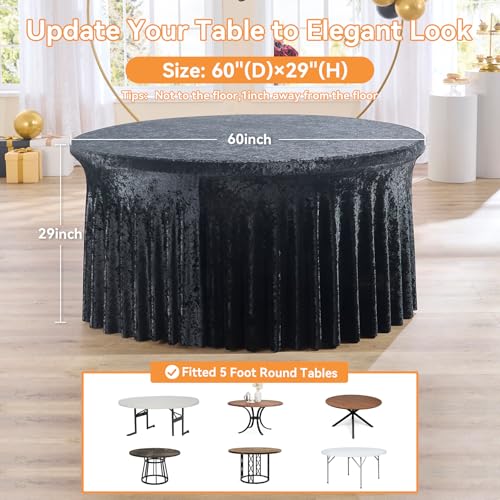 Black Velvet Round Tablecloth 60 Inch - 2 Pack Fitted Spandex Cover for Wedding & Party