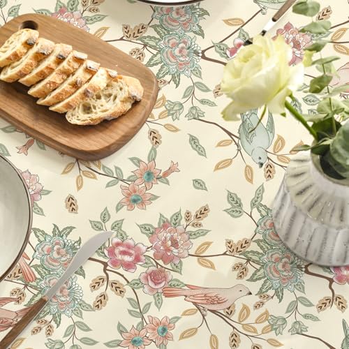 Round Floral Birds Tablecloth 90 Inch Pink - Durable Polyester Home Decor