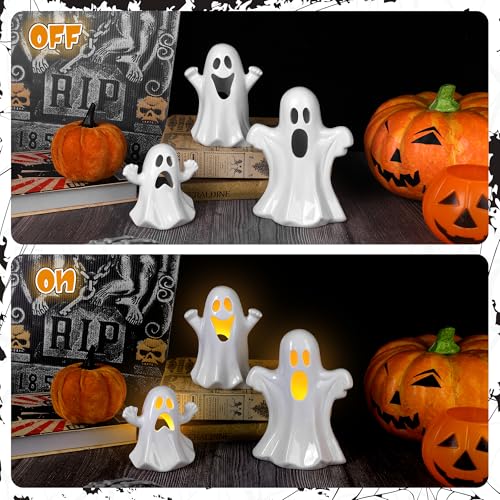 Halloween Ghost Decor Set with Remote Light-Up Ceramic Figurines & Tea Lights