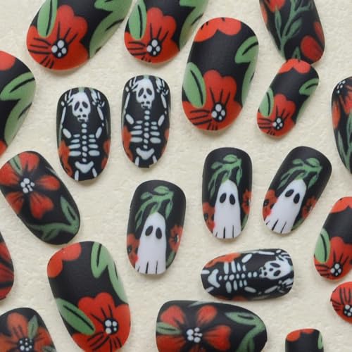 Halloween Press On Nails Short Oval Orange Flower & Skull Design - Variation 14