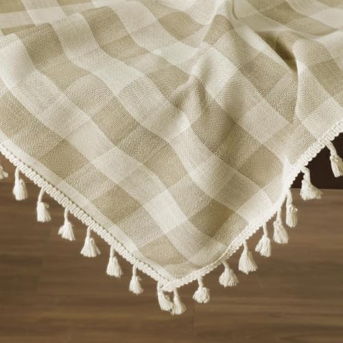 Romanstile Gingham Tassel Tablecloth Rectangle - Beige Plaid 55 x 120 Inch