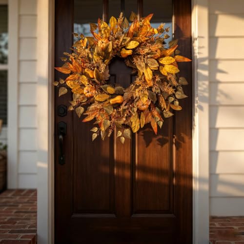 Fall Front Door Wreath 26 Inch Artificial Harvest Wreath with Maple Leaves and Pumpkins - Farmhouse Autumn Decor