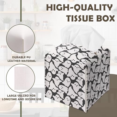 Halloween Ghosts Tissue Box Cover - Black Leather Decor for Home & Office