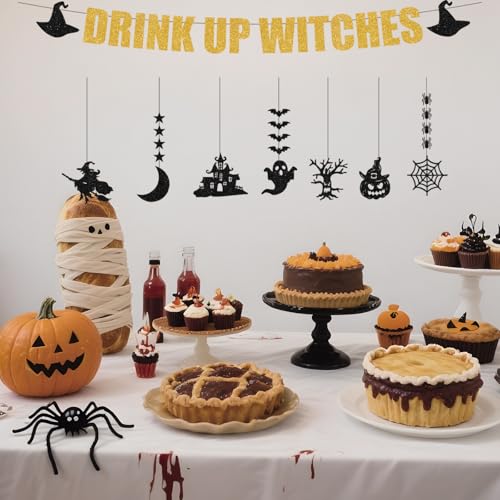 Gold Drink Up Witches Halloween Banner Garland - Pre-Strung Gothic Party Decor