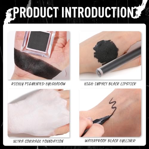 Halloween Black Makeup Kit - White Foundation, Black Lipstick & Eyeliner, False Lashes, Sponges & Brush