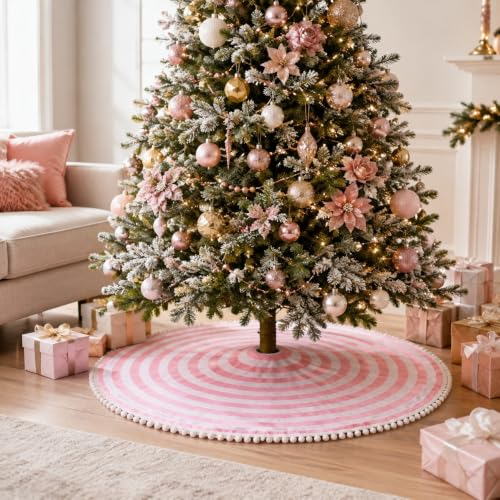 Pink and White Christmas Tree Skirt with Pom Poms - 30 Inch Diameter, MACTING