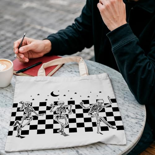 Reusable Grocery Shopping Bag with Dancing Skeletons Halloween Design - Goth Tote