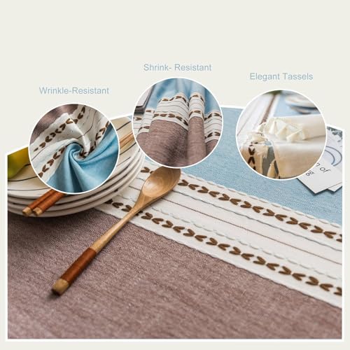 Rectangular Cotton Linen Tablecloth 55x55 Inches Water-Resistant Striped Rustic Dining Cover - Coffee Blue