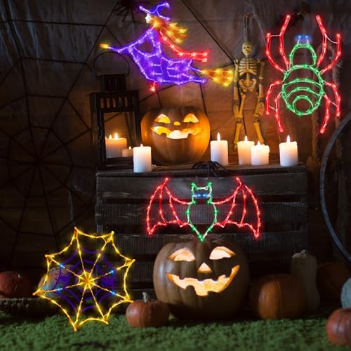 Halloween Window Silhouette Lights 16-Inch with Spider Web & Bats & Witch & Spider Variations